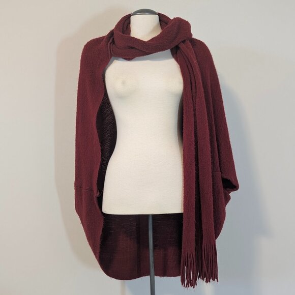 Burgundy Red Cape with Attached Scarf Fringe Detail One Size - Picture 2 of 9